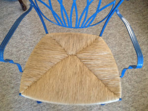Antique blue chair with fiber rush woven seat